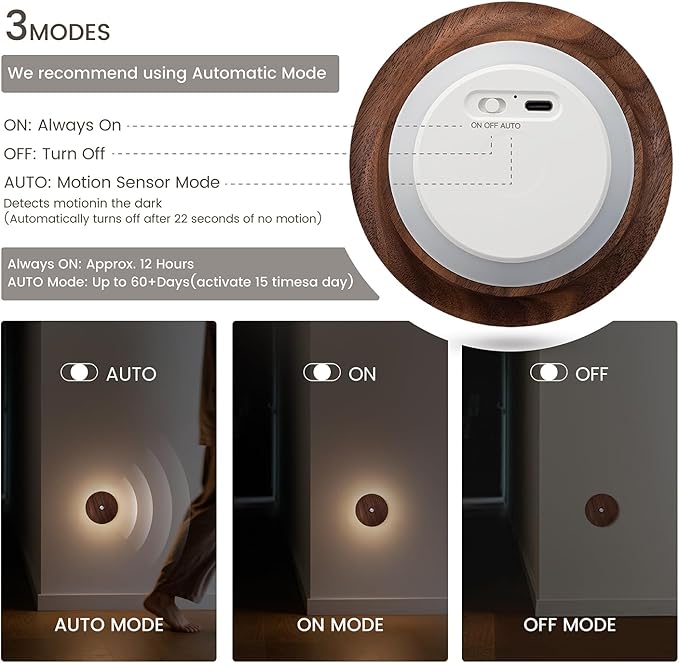 Motion Sensor Night Light Wood Rechargeable Battery-Powered Stick-On Step Lights Magnetic Closet Warm Nightlight for Hallway Bedroom Stair (2 Pack Black Walnut)