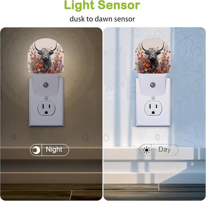 Highland Cow Night Light,Daisy Flower Plug into Wall Nightlights with Dusk to Dawn Light Sensors for Bedroom, Bathroom, Hallway, Kitchen, Night Lights for Boys Girls Women Men