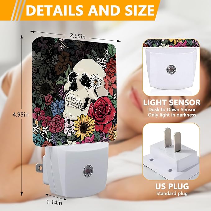 Halloween Skull Night Light, Plug-into Skeleton Flower Floral Nightlight White LED Lamp, Energy Efficient Decor Desk Lamp for Bedroom Hallway Stairs Bathroom