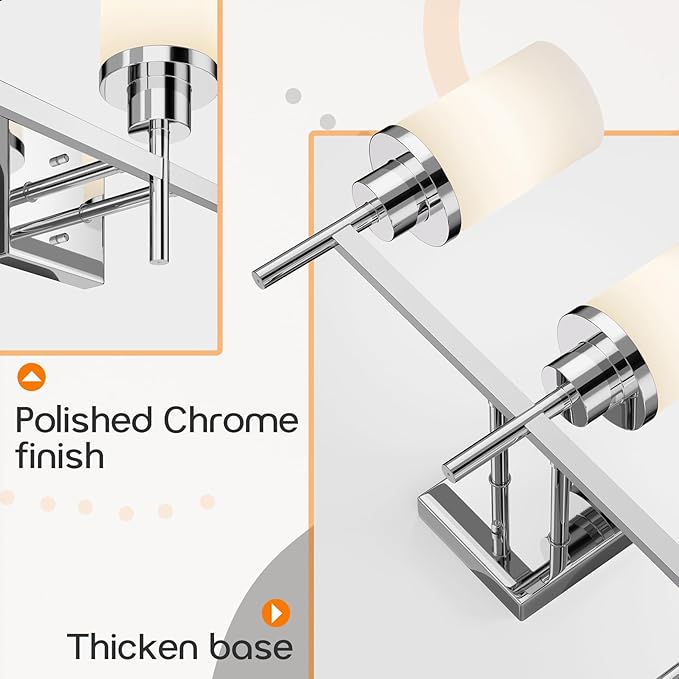 Bathrom Light Fixtures Polished Chrome 3 Vanity Lights with White Frosted Glass Shade, Wall Lamps Over Mirror for Bath Washroom Bedrom T001CH-L3