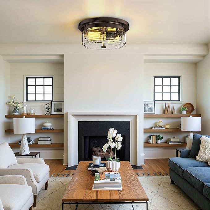 Black Flush Mount Ceiling Light Fixtures, 2-Light Ceiling Mount for Farmhouse with Seeded Glass Lampshade, Industrial Flush Mount Light Fixture Farmhouse for Hallway, Kitchen, Entryway and Foyer