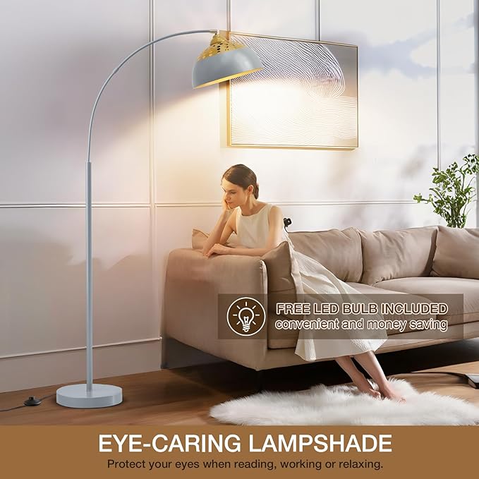 Arc Floor Lamps for Living Room, 71" Standing Lamp with Adjustable Lamp Head, Silver Metal Tall Lamps with Foot Switch, Arched Reading Light for Bedroom, 9W Adjustable Temperatures Bulb Included