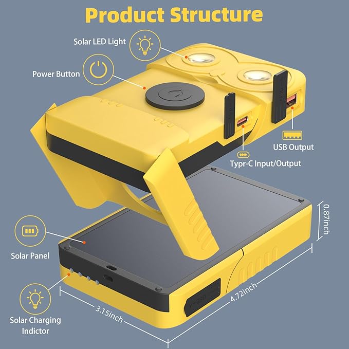 EYONGPV OWL-CSP Upgraded 2-in-1 Solar Emergency Lantern & Portable Solar Charger, Rechargeable LED Camping Light with 18W PD Fast Charging, 4 Modes & SOS for Power Outages & Outdoor Use (Yellow)