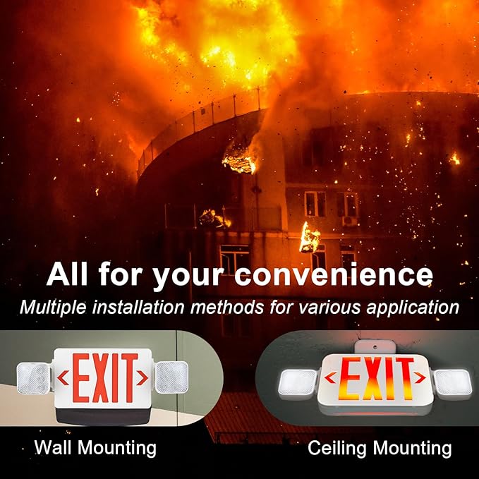 LED Combo Exit Sign Emergency Light, Commercial Emergency Exit Lights with Battery Backup, Double Sided and Adjustable Two LED Head, Fire Resistant UL 94V-0, AC 120/277V (2 Pack)