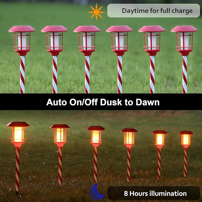 Dynaming 6 Pack Christmas Solar Flame Garden Lights Outdoor, Dual Use Flickering Flame Torch Candy Cane Pathway Marker, Xmas Hanging Lantern Lights, Waterproof & Auto On/Off for Patio Walkway Driveway