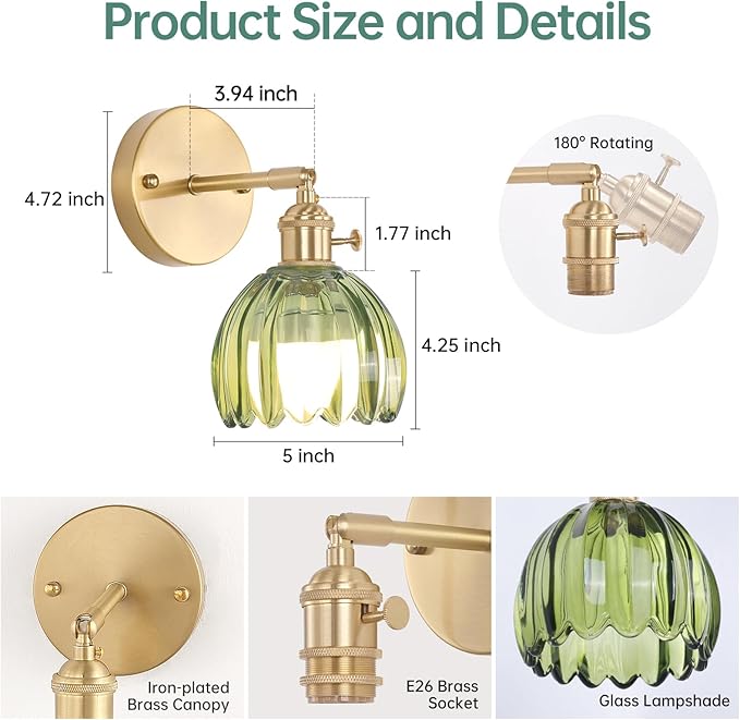 Vintage Battery Operated Wall Sconce with Cute Green Tulip Glass Lampshade Wireless Rechargeable Battery Powered Wall Light with Remote Control for Bedside Bedroom Doorway, Set of 2