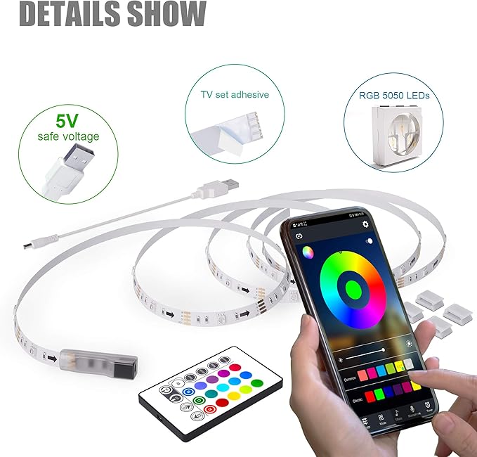 maylit Led Strip Lights, 8.2 ft Tv Led Backlight for 40-60 inch Tv Bluetooth Control Sync to Music, USB Bias Lighting Tv Led Lights Kit with Remote - RGB 5050 LEDs Color Lights for Room Bedroom