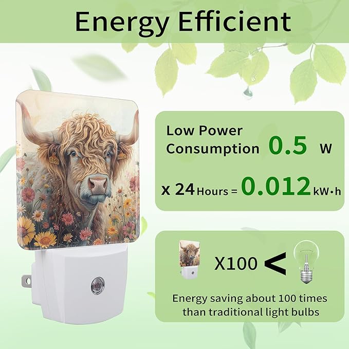 Highland Cow Night Light, Flower Night Light Plug into Wall with Dusk to Dawn Sensor, LED Lamp Energy Saving Lights for Men Women Boys Girls,Lamp for Bedroom Bathroom Hallway