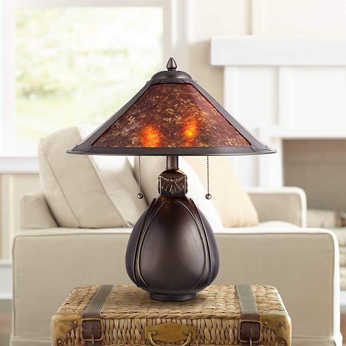 Robert Louis Tiffany Nell Art Deco Tiffany Style Small Accent Table Lamp 19" High Bronze Brown Antique Pottery Ceramic Natural Mica Shade Decor for Bedroom House Bedside Nightstand Home Office
