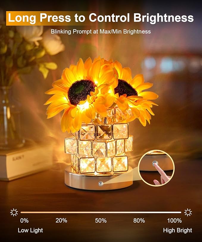 Fussion Sunflower Lamp Gifts for Women, Rechargeable Warm Flowers Night Light, 3 Color Temperature Stepless Dimming Touch CordlessTable Lamp, Birthday Gift for Mom Grandmom Girlfriend