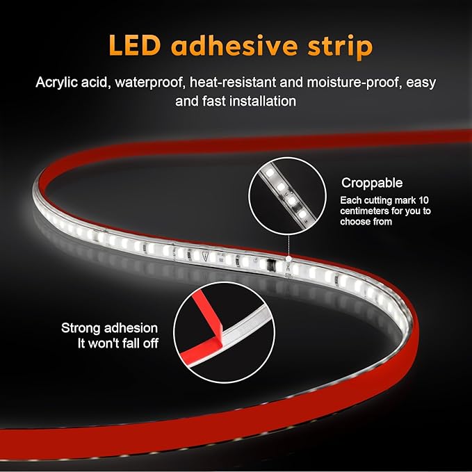 LED Strip Lights 32.8 Foot AC 110V LED Lights Cuttable Rope Light Adhesive Flexible Tape Lighting 10M 6000K Cold White IP67 Waterproof for Kitchen Cabinet Lighting