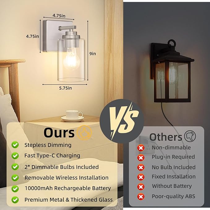 Rechargeable Wall Sconces, Dimmable Battery Operated LED Wall Lights Set of Two with Remote, E26 Base, Clear Glass Shade, Auto Timer, Modern Wireless Brushed Nickel Wall Lamps for Bedroom Living Room