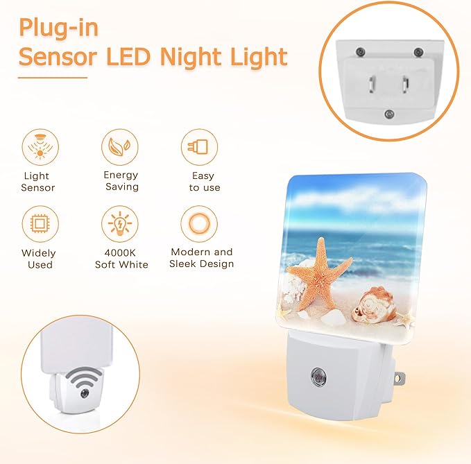 YASHILAIYA Seashells Starfish Seashore Night Light,Tropical Beach Night Lights Plug-in Dusk to Dawn Sensor Nightlights for Bedroom Bathroom Hallway Stairs
