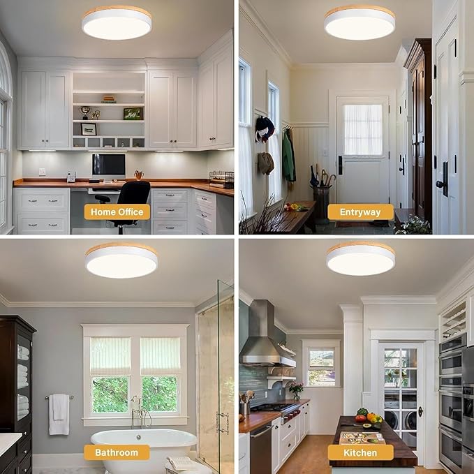 Dimmable Modern Wood Ceiling Light, White LED 5CCT 2700K-6000K Flush Mount Ceiling Lighting Fixture, Round Light Fixtures for Kitchen Living Room Dining Room Bedroom-15.8in