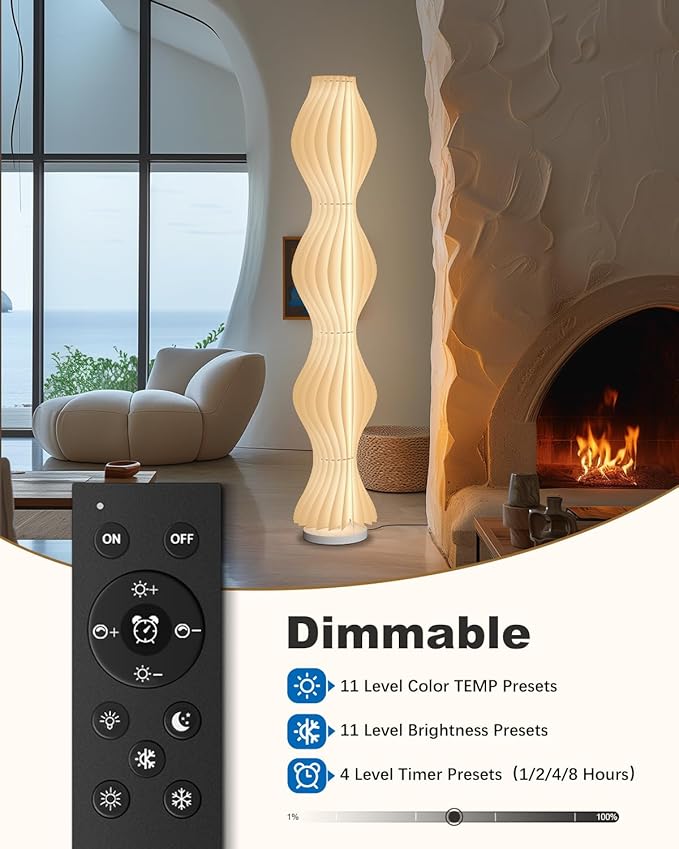 TACAHE Pleated Lampshade Floor Lamp - 3 Color Temp & Dimmable - Column Standing Floor Lamp with Foot Switch & Remote - Nordic Style Ambient Light for Living Room, Bedroom - 30W - 66"