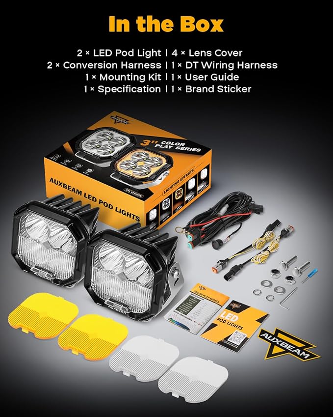 Auxbeam Color Play Series Amber DRL LED Pod Lights 3" 100W Spot Flood Combo Dual Color Turn Signal Driving Fog Lamp Cube Ditch Lights Offroad Lighting with Covers
