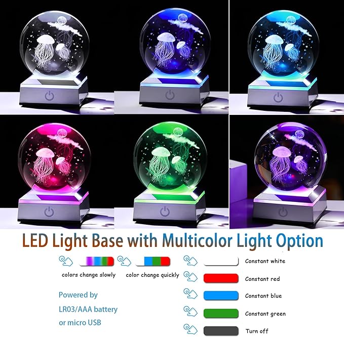 3D Engraved Jellyfish Crystal Ball 3.15‘’ with LED Light Colorful Base - Jellyfish with Star Moon Glass Sphere Lamp Gifts for Women Home Decor