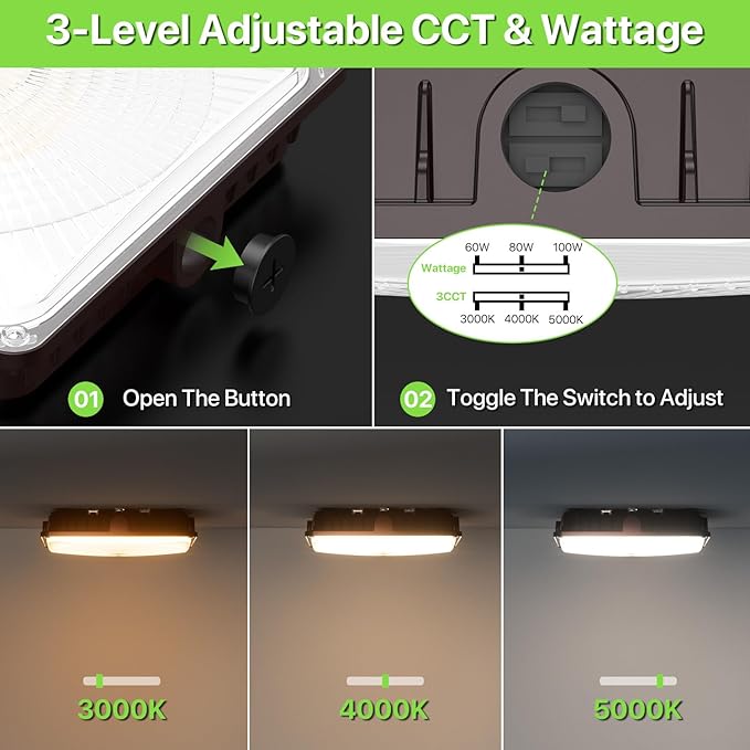 Glitgate 100W LED Canopy Light, 3CCT & 3-Wattage Selectable Outdoor Commercial Canopy Light, IP65 Waterproof LED Ceiling Fixture for Gas Station, Carport, Parking Garage, Warehouse, 4 Packs