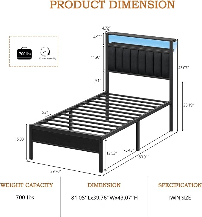 Furnulem Twin Size Bed Frame with Charging Station and LED Lights, Platform Bed with Metal Slats, Grey Upholstered Headboard with 2-Tier Storage Shelves, No Box Spring Needed