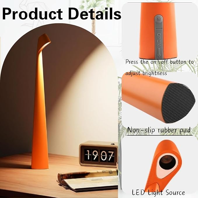 Cordless Desk Lamp, Portable Table Light, Rechargeable Touch Lamp, LED Lamp Battery Operated with 3 Brightness Levels for Bedside Dorm Reading (Orange)