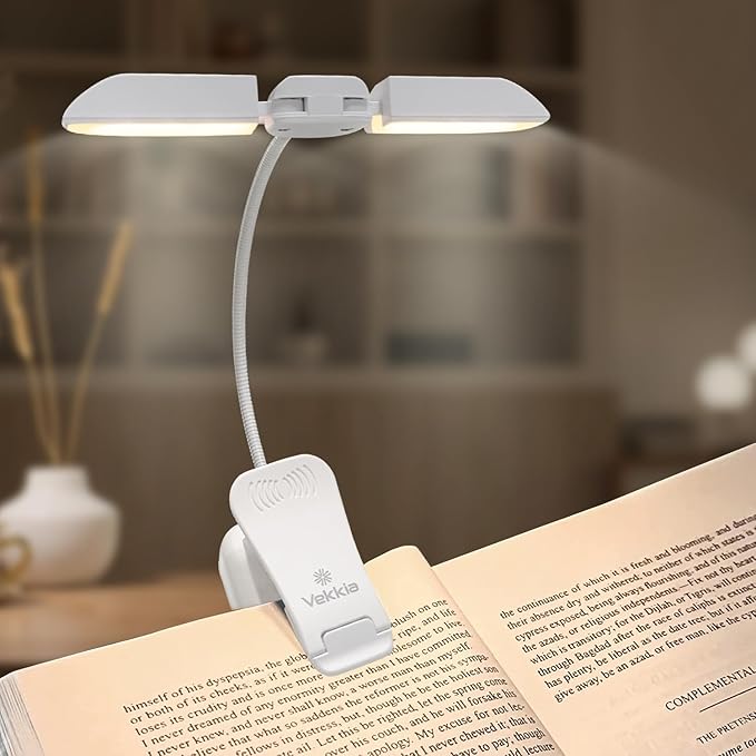 Vekkia 14 LED Rechargeable Book Light for Reading at Night, Eye-Care Reading Light for Books in Bed, 180° Adjustable, Clip on Lamp, 3 Color Temperatures, Lightweight, Present for Reader