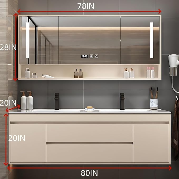 80IN Suspend Bathroom Vanity - Bathroom Cabinet with Double Sinks | Smart Defogging Mirror Cabinet Includes Time Display & LED Lighting, Open Storage Shelves, 2 Drawers (Apricot Color)