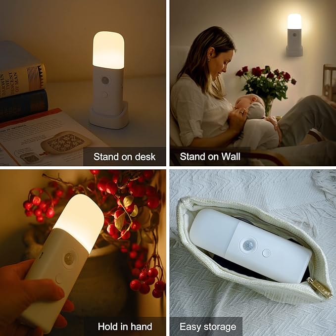 YELKO Motion Sensor Night Light, 2000mAh Rechargeable Night Lights Battery Powered, Portable Dimmable Nightlights with 5 Brightness Levels for Kids,Adults(Cool White 2Pack)