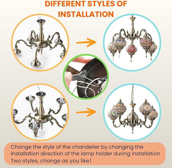 5-Globes Turkish Moroccan Pendant Hanging Light, Turkish Chandelier, Exquisite Tiffany Style Mosaic Ceiling Lamp for Bedroom, Living Room Home Decor Ambient Lighting (PL5130-HS1)