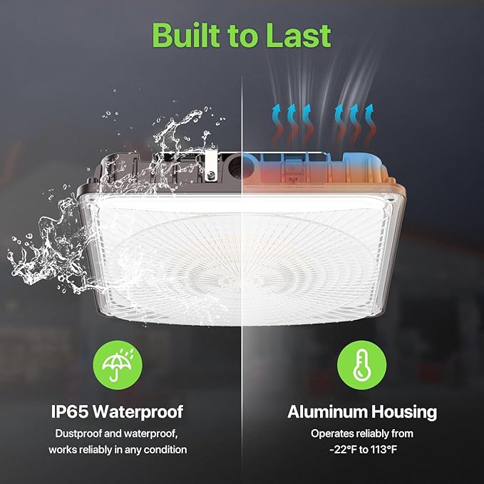 Glitgate 100W LED Canopy Light, 3CCT & 3-Wattage Selectable Outdoor Commercial Canopy Light, IP65 Waterproof LED Ceiling Fixture for Gas Station, Carport, Parking Garage, Warehouse, 4 Packs