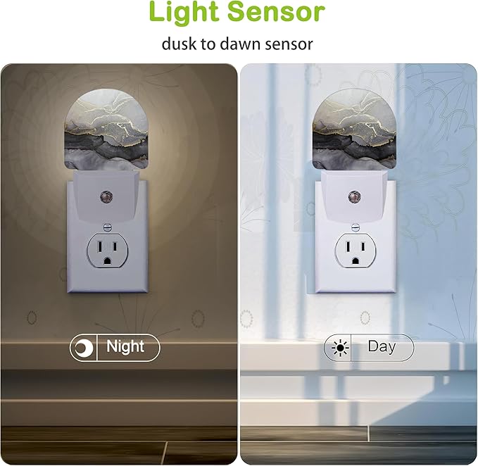 Black White Gold Marble Night Light,Plug into Wall Nightlights with Dusk to Dawn Light Sensors for Bedroom, Bathroom, Hallway, Kitchen, Night Lights for Boys Girls Women Men