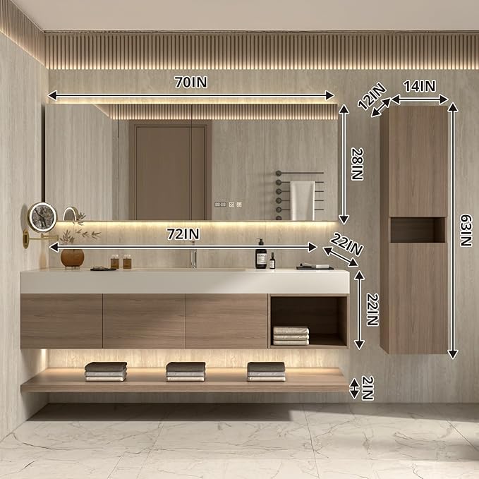 72" Modern Floating Bathroom Vanity Set with Sink, Side Cabinet, LED Smart Mirror Cabinet, 3 Soft-Close Drawers & Open Storage Shelves, Light Walnut