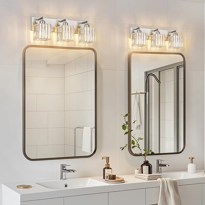 Modern Vanity Light 3-Lights Brushed Nickel Vanity Light Crystal Bathroom Wall Light Bathroom Light Fixtures
