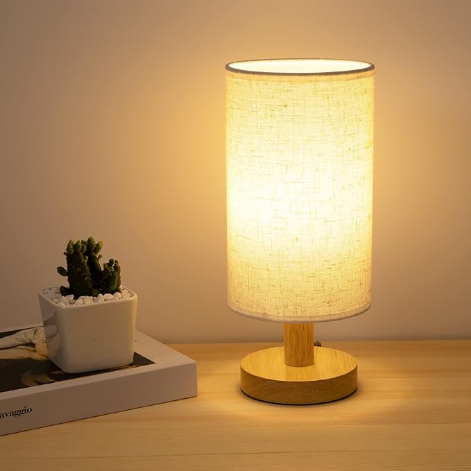 Small Bedside Table Lamp for Bedroom, Minimalist Wood Base & Round Fabric Shade, Mini Cute Cozy Warm White Nightstand Boho Lamp, Study Desk Night Stand Light for Room, Dorm, Nursery, Living Room