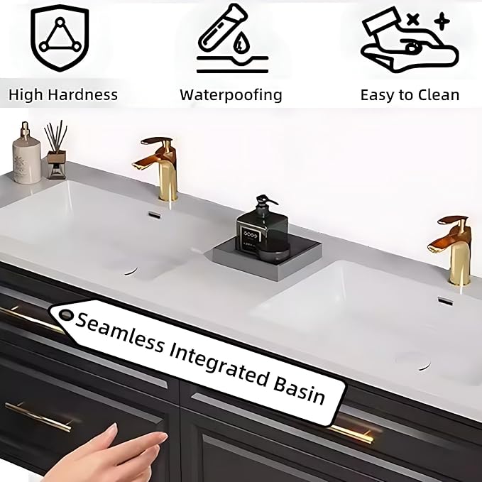 52IN Black Bathroom Vanity with Double Sinks - Hanging Cream Bathroom Vanities, Wall-Mounted 0pen Storage with 2 Drawers, Intelligent Defogging & Led Lighting | Integrated Washing Basin