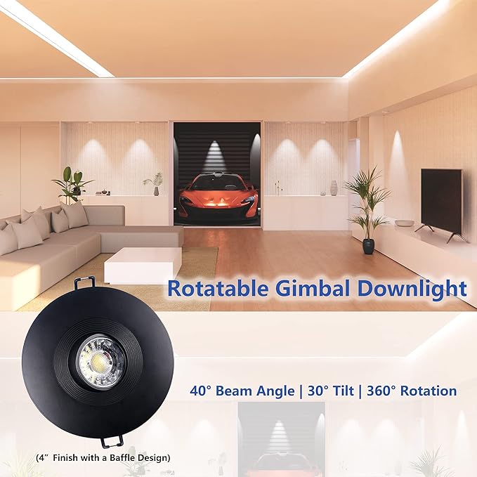 Premium Canless Recessed Gimbal Downlight Rotatable-Spotlight 5 CCT 4 Inch Eyeball Ceilling Potlight, Dimmable Lights Fixture with Junction Box, 8W Black Round Trim, with Baffle, 6P