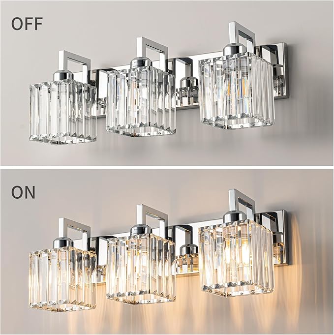 Modern Bathroom Vanity Light 3-Lights Chrome Crystal Wall Lamp Bathroom Modern Crystal Vanity Lighting