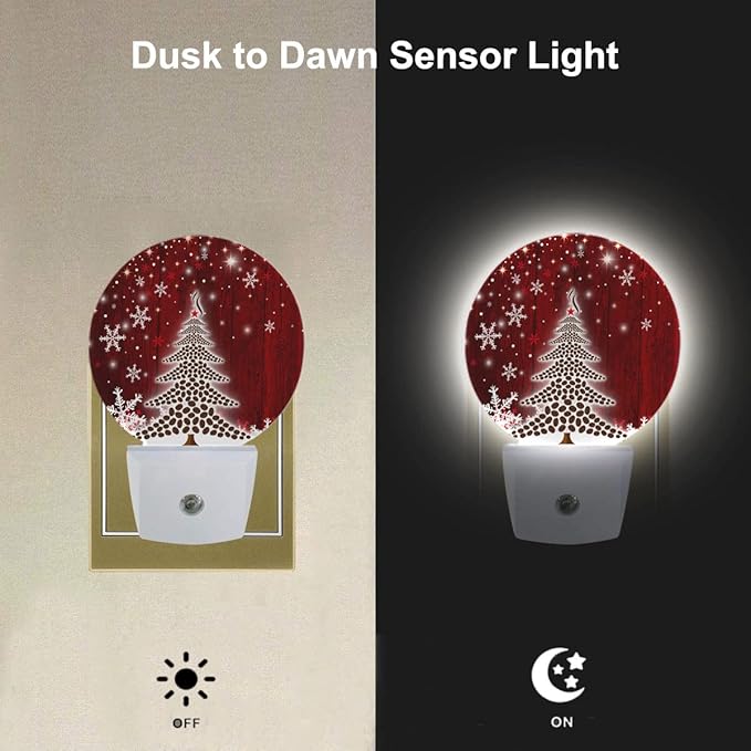 EKOBLA Winter Red Christmas Tree LED Night Light Xmas Holiday Snow Snowflakes Night Lights Plug into Wall with Dusk to Dawn Light Sensor for Boys Girls Men Women Gifts