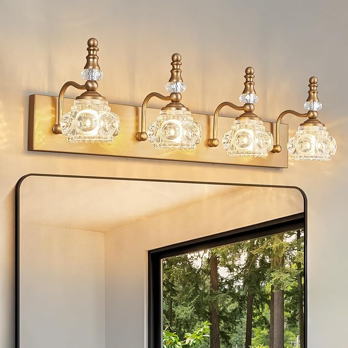 Modern Glass Crystal Vanity Light - Vintage Bathroom Lighting Fixtures Over Mirror, 4 Light Vanity Lights G9 Bulb (27.55 Inch,Brass)