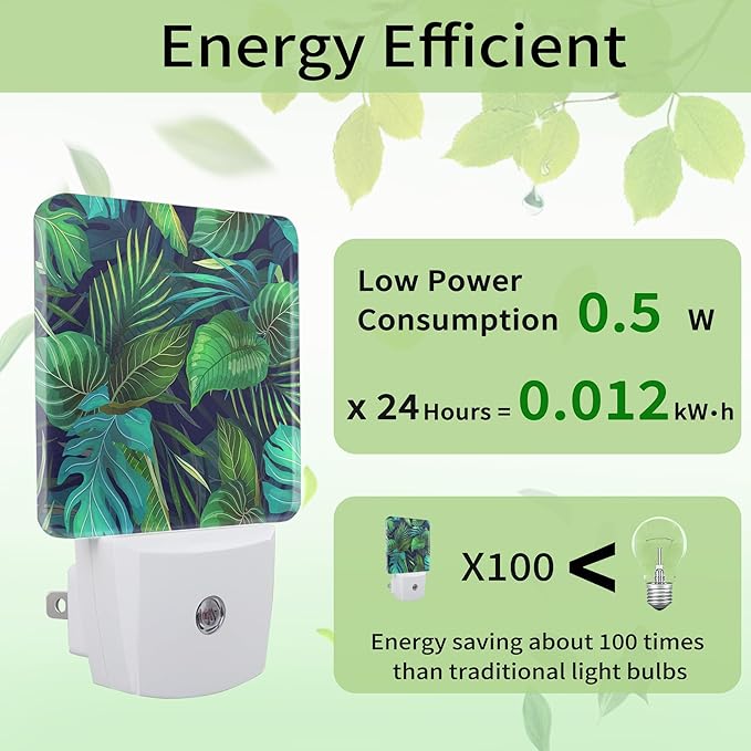 Green Palm Leaf Night Light, Tropical Plants Night Light Plug into Wall with Dusk to Dawn Sensor, LED Lamp Energy Saving Lights for Men Women Boys Girls,Lamp for Bedroom Bathroom Hallway