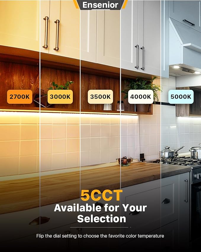Ensenior 18 Inch LED Under Cabinet Lighting Hardwired, 5CCT, 10W 650LM, 2700K/3000K/3500K/4000K/5000K, Wired Under Cabinet Lights, Dimmable Under Counter Lights for Kitchen, FCC, 1 Pack
