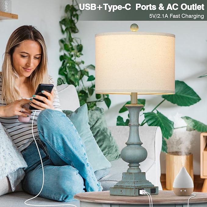 Farmhouse Table Lamps Set of 2, 26" Vintage Rustic Touch Control 3-Way Dimmable Bedside Lamp with USB A+C Ports & AC Outlet, Blue Nightstand Lamp for Living Room Bedroom End Table(LED Bulbs Included)