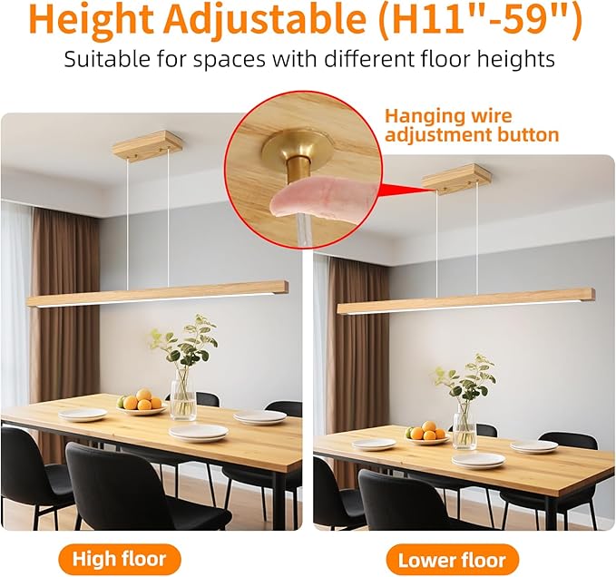 Modern Wooden Pendant Light, 47IN White Ash Wood Chandelier with Remote Control 3000k-6500K Adjustable Color Temperature，Aluminum Island Lighting Lamp for Dining Room, Living Room A