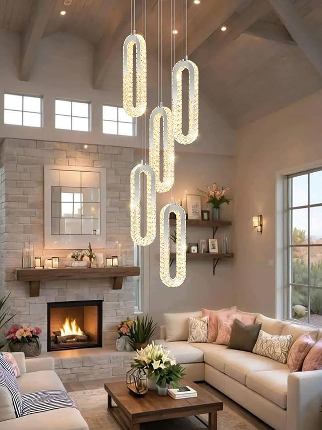 5-Lights Modern Crystal Chandelier for High Ceiling LED Dimmable Ring Pendant Chandeliers Stairwell Chandelier Lighting Silver