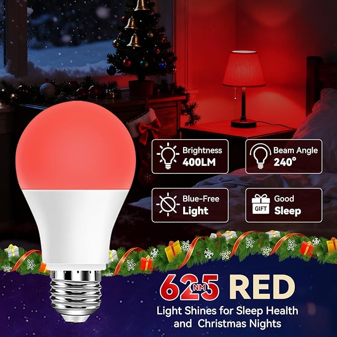 Neporal 625nm Red Light Bulbs for Sleep 3W, 100% Blue Light Blocking Light Bulbs for Melatonin Promoting, A19 LED 40W Equivalent Dim Red Night Light Bulb for Baby Nursery, Sleeping, Reading, 1-Pack
