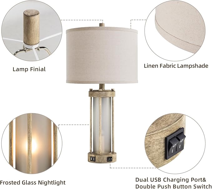 Farmhouse Table Lamps Set of 2 for Living Room, Vintage Bedroom Nightstand Lamp with Dual USB Ports, Bedside Lamp with Frosted Glass Nightlight for End Table Entryway, 4 Bulbs Included (Earthy Gray)