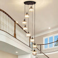 High Ceiling Long Pendant Light Fixtures Modern Crystal Hanging Chandeliers Flush Mount Ceiling Light for Spiral Staircase Entryway Foyer, Black (8-Lights)