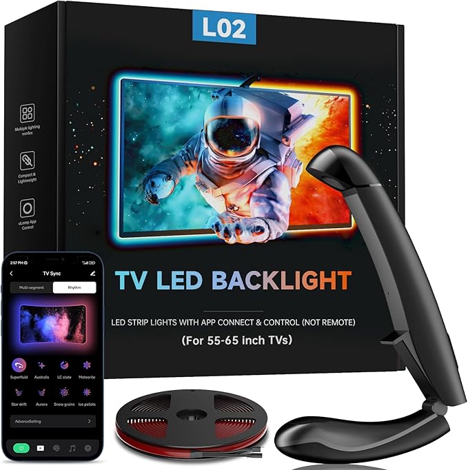 TV LED Backlight with Sensor, 14.7ft Cuttable RGB Strip Lights for 55-65 Inch Screen & PC Monitor, Smart App Control, Game and Music Sync Color That Changing