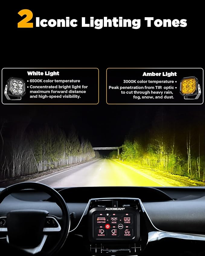 Auxbeam Color Play Series Spot Beam 3" 100W LED Pods, Amber White DRL & Turn Signal, Dual Color Lens Covers, 11600LM Cube Lights Offroad Fog Bumper Ditch Lights, for 4x4 Jeep Ford Polaris Can-am