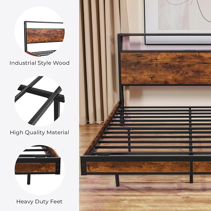 BedsPick Full Size Bed Frame with 2-Tier Storage Headboard, Sturdy Metal Platform Bed Frame with Charging Station & LED Lights, Noise-Free/Metal Support/No Box Spring Needed, Rustic Brown