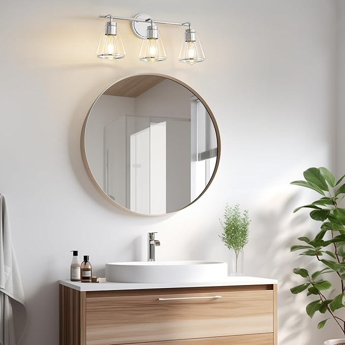 Bathroom Vanity Light - 3 Light Over Mirror Lighting Fixture with Clear Glass Shade, 22 inch Modern Wall Sconce, Polished Nickel